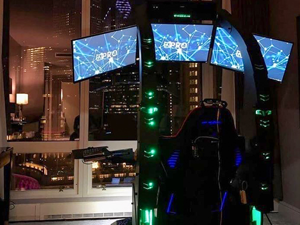 Ergonomic gaming chair with adjustable monitor mounts and RGB lighting